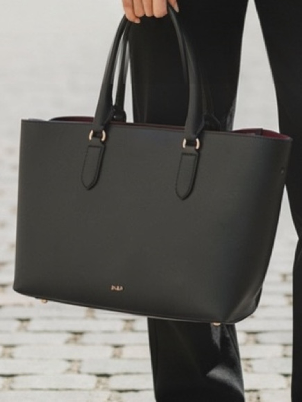 Lauren Ralph Lauren Black Leather Tote Bag Red Interior